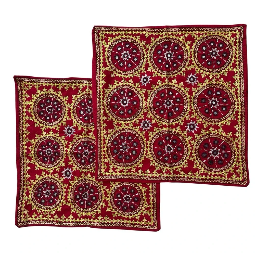 Uzbek Suzani Embroidered Pair Silk Pillow‎ Covers 17x16 Inch Medallion Crystals